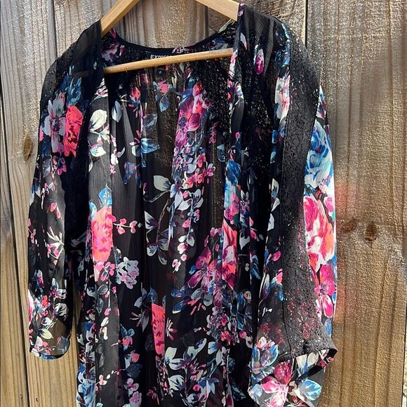 Express Fall Floral Black Pink Sheer Lace Open-Front Kimono Cover Up Shaw Wrap M - Picture 3 of 13